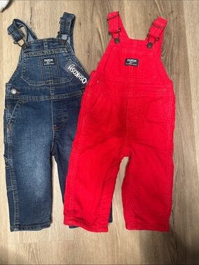 OshKosh B'gosh Red Corduroy and Blue Denim Kids Overalls Duo
